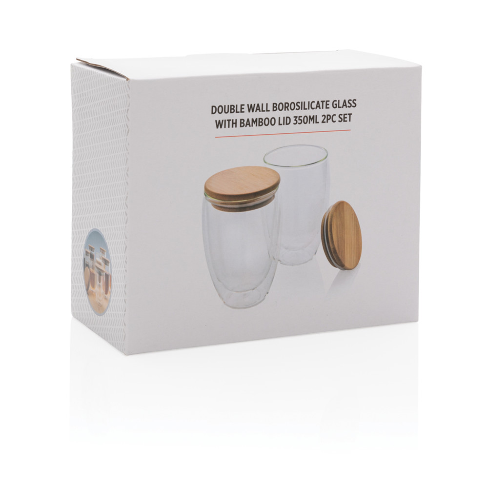 Dubbelwandig borosilicaatglas met bamboe deksel 350ml set