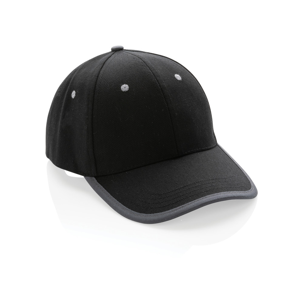 Impact AWARE™ 6 panel 280gr recycled katoen cap met bies - zwart (± PMS Black)